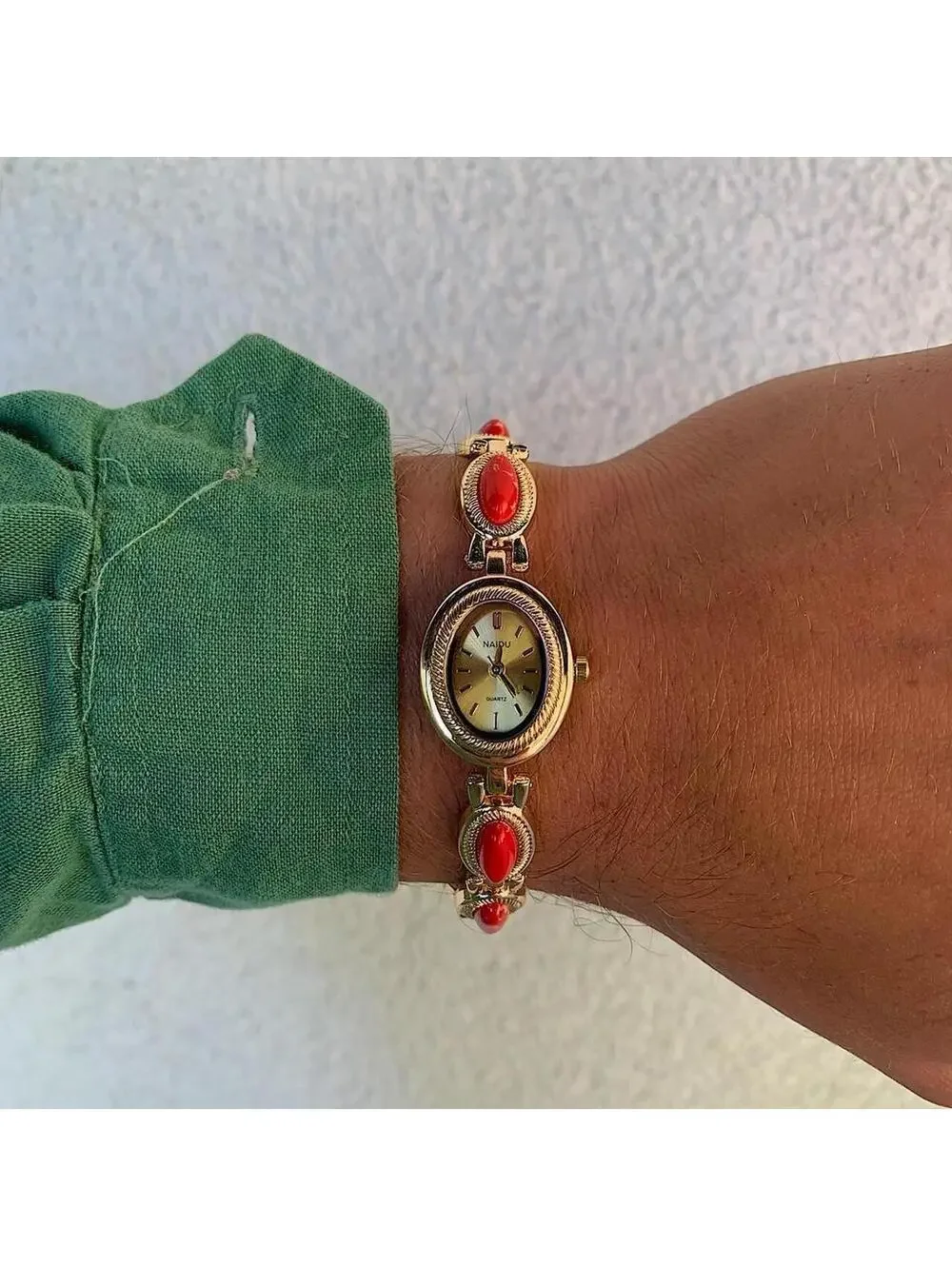 Y2k style Dainty cute Gold style tone quartz watch with red green jade stone